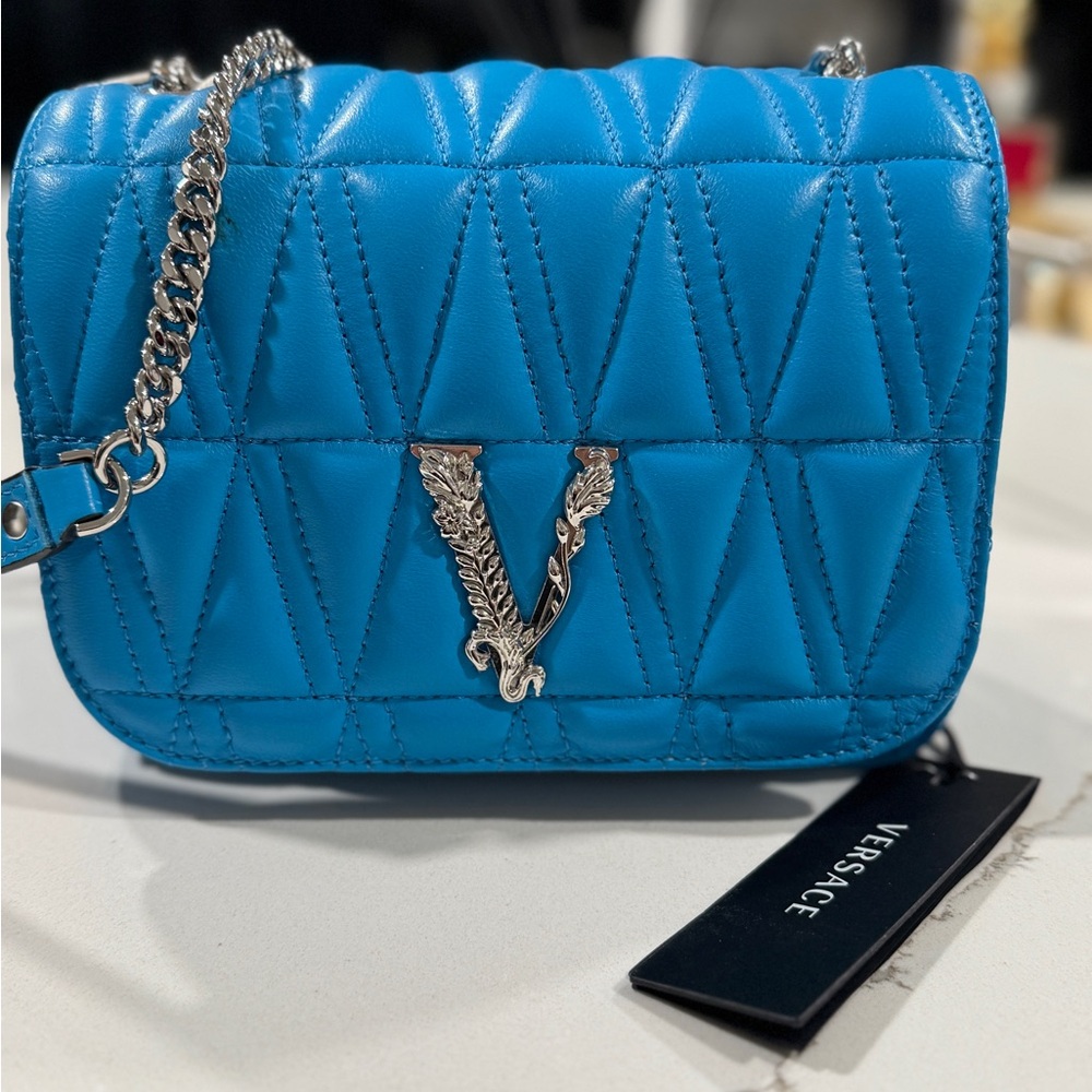 Versace Virtus Quilted Crossbody Bag with Silver Chain